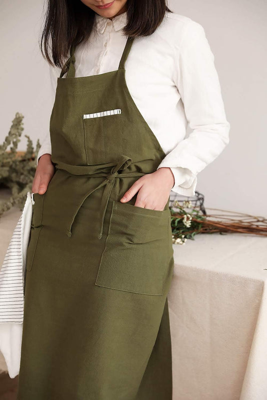 Adjustable Japan Nordic Style Soft Cotton Linen Apron with Four Pockets A Towel