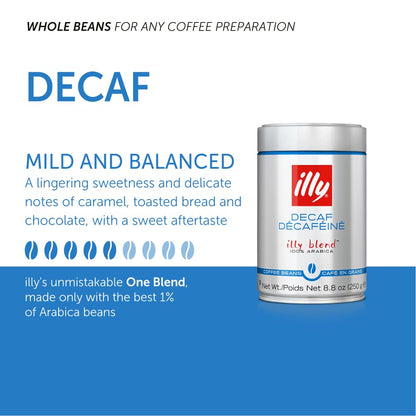 illy Whole Bean Coffee - Perfectly Roasted – Classico Decaf Roast - with Notes of Caramel, Toasted Bread & Chocolate - 100% Arabica Beans - No Preservatives – 8.8 Ounce, 6 Pack