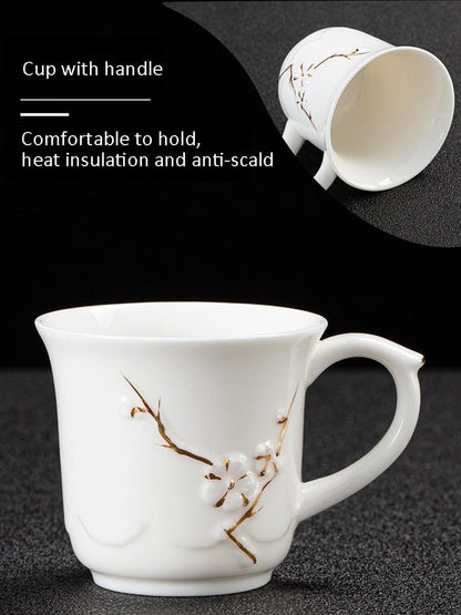 KEYDUACU Japanese Tea Set, White Ceramic Tea Set, Plum Blossom Embossed, Includes 1 Teapot, 6 Anti-scald Teacups,Tea Tray,Strainer, Used for Home, Outdoor, Gift, Chinese Kung Fu Tea Set(FDMH-FT-WHITE)