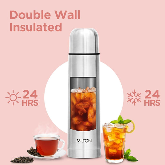 Milton Thermosteel Flip Lid 750, Double Walled Vacuum Insulated Thermos 750 ml | 25 oz | 24 Hours Hot and Cold Water Bottle with Cover, Stainless Steel, BPA Free, Leak Proof | Silver