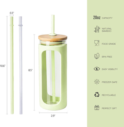 Kodrine 20oz Glass Tumbler with Straw and Lid, Iced Coffee Cups with Bamboo Lids, Glass Cups for Cold Drinks, Smoothie Cup with Silicone Sleeve for Travel, Work, BPA FREE-MintCream