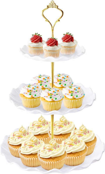 Hoedia 3 Tier Cupcake Stand Tower, Plastic White Cup Cake Holder for Dessert stands, Tiered Serving Tray for Tea Party, Birthday Party, Wedding Decor and Baby Shower(Round Wave)