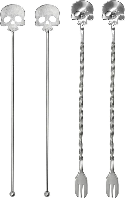 4Pcs Skull Swizzle Stick Bar Spoon Set Reusable Mixing Spoon 18/10(304) Stainless Steel Coffee Stirrer for Bar Home Halloween Party Stirring Cocktail Beverage Drinks