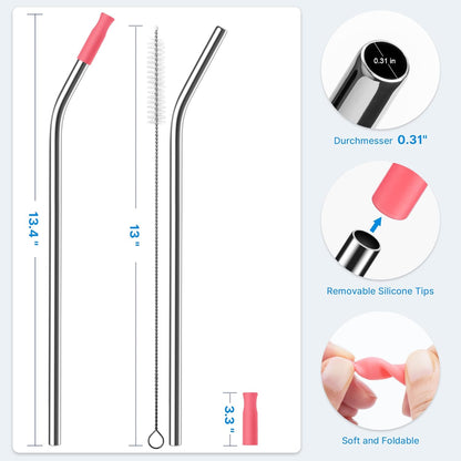 2 Pcs Stainless Steel Straw with Silicone Tips for 40 oz Stanley Tumbler, Repeatable 40 oz Metal Straws for Stanley Adventure Quencher Travel Tumbler Cup, BPA Free（Pink Dusk）