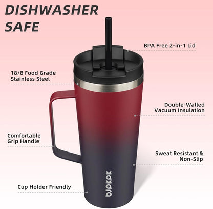BJPKPK Insulated Tumbler with Handle, 22oz Insulated Tumblers with Lid and Straw, Stainless Steel Metal Water Bottles, Coffee Travel Mugs, Cups, Charming Red