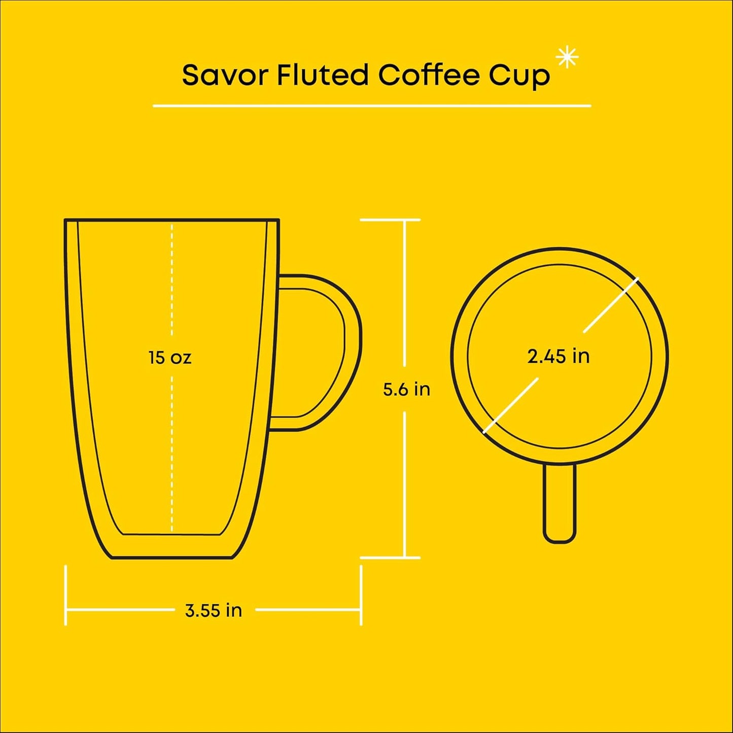 JoyJolt Fluted Glass Coffee Mugs - Double Insulated, 15oz Large Set of 2, Thermal Glass Coffee Mugs