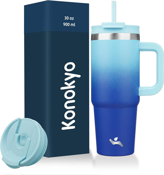 30 oz Tumbler with Handle and 2 Straws,2 in 1 Lid Insulated Water Bottle Stainless Steel Travel Coffee Mug,Sky