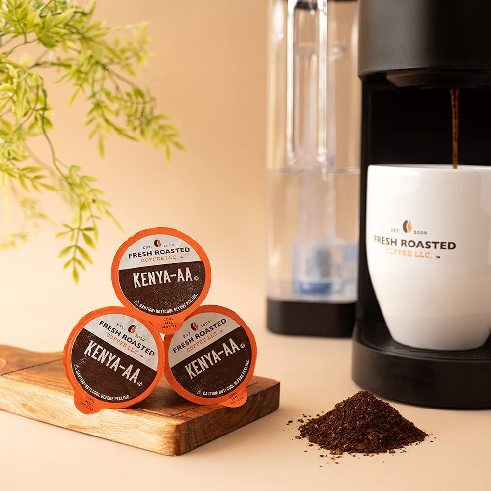 Fresh Roasted Coffee, Kenya AA, Med-Dark Roast, 72 Pods for K Cup Brewers