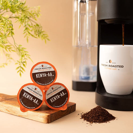 Fresh Roasted Coffee, Kenya AA, Med-Dark Roast, 72 Pods for K Cup Brewers