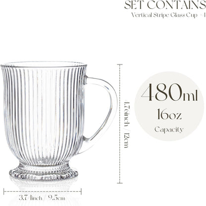 Clear Ribbed Glass Coffee Mugs Set of 4 with Spoon,16 Oz Large Glass Tea Cups with Handle Diner Latte Cups with Footed Base for Hot Beverages,Cappuccino & Espresso Cups, Stylish Drinkware