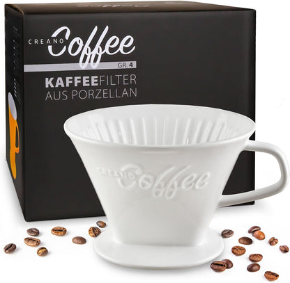 Creano Porcelain Coffee Dripper - White - Ceramic Cone Brewer - Pour Over Coffee Maker for Filter Bags Size 4 - Easy Manual Brew for pure taste - also for Camping, Hiking