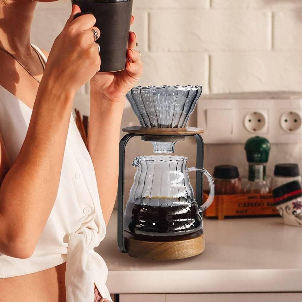SOTECH Pour Over Coffee Station Dripper Stand Coffee Filter Wooden Filter Holder Glass Server with Paper Coffee Filters, Coffee Maker Stand Set for Coffee Tea and Saffron
