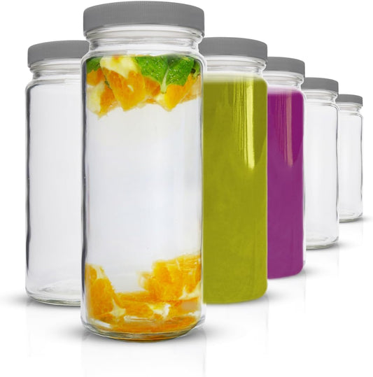 All About Juicing Clear Glass Water Bottles Set - 6 Pack Wide Mouth with Lids for Juice, Smoothies, Beverage Storage - 16 oz, Durable, Reusable, Dishwasher Safe, Leak Proof (Grey Caps)