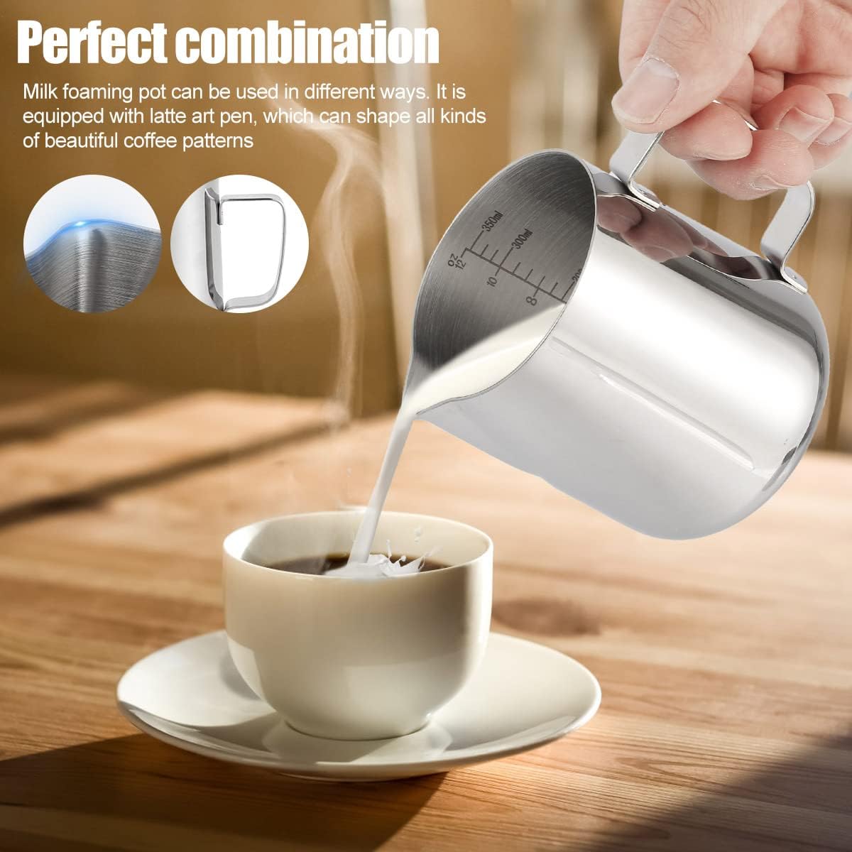 1PCS 350ML/12oz Milk Frothing Jug for Coffee Machine 304 Stainless Steel Milk Pitcher Cup with Spoon Milk Cup for Making Cappuccino Latte and Espresso