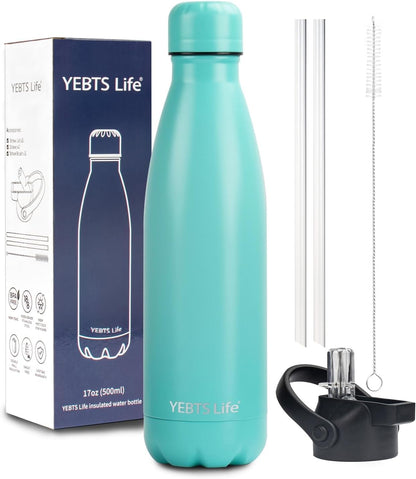 Insulated Water Bottle, 17oz Stainless Steel Water Bottles with straw lid, Metal Sports Water Bottles for Boys,Girls, Double Wall Vacuum BPA-Free Flask for School, Sports & Travel-Turquoise