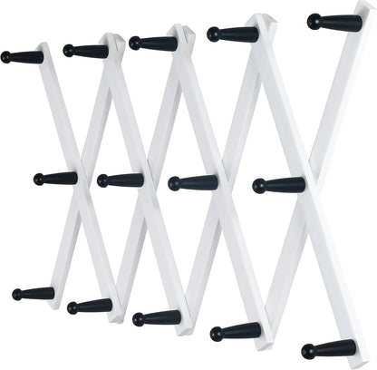 Dseap Accordian Wall Hanger: 16” High Wooden Wall Expandable Coat Rack, Hat Rack Holder, Accordion Hook for Baseball Caps, Coats, Mugs, 14 Peg Hooks, White & Black