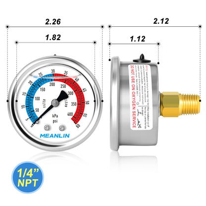 MEANLIN MEASURE 1/4" NPT 0-60psi Pressure Gauge, 2" Dial Glycerine Filled Pool Filter, 304 Stainless Steel Housing, Back Mount, with 1/2" NPT and 3/8" NPT Hex Bushing