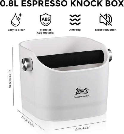 Bincoo Square Coffee Knock Box 0.8L – ABS Espresso Knock Bin with Non-Slip Base, Wide 4.6" Slanted Opening & Detachable Silicone Knock Bar for Easy Cleaning and Quiet Use(White(square))