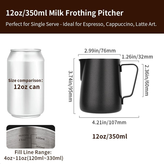 watchget Milk Frothing Pitcher 350ml/600ml/900ml/1500ml (12oz/20oz/32oz/52oz) - Stainless Steel Espresso Steaming Pitcher for Cappuccino, Latte Art, Milk Jug Coffee Frother Cup, Black