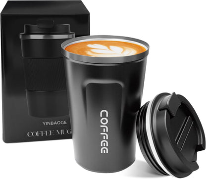 YINBAOGE Insulated Travel Coffee Mug Spill Proof Leak Proof Pobtable To Go Camping Stainless Steel Coffee Tumbler Reusable Coffee Cups with Lids Thermos for Hot and Cold Drink (2nd-Black, 12 OZ)
