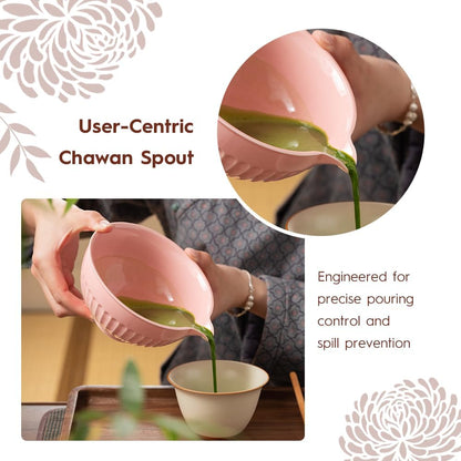 6 Pcs Matcha Set - Ceramic Bowl with Spout, Matcha Whisk with Holder, Tea Powder Canister, Sifter and Spoon, Complete Kit for Traditional Matcha, Modern Lattes, and Tea Ceremonies (Pink)