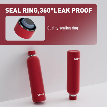 Slim Insulated Water Bottles for Travel 32oz with Clip, Double Wall Vacuum Stainless Steel Water Bottle Keeps Drinks Cold 24 Hrs/Hot 12 Hrs, 100% Leakproof, BPA Free（Red）