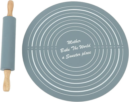 Large Silicone Rolling Pin Pastry Baking Mat Set for Kitchen (Grey)