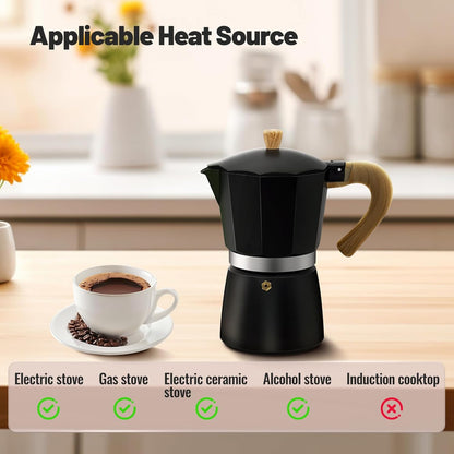 6 Cup Aluminum Moka Pot Classic Stovetop Espresso Coffee Maker 300ml 10oz Coffeemaker Percolator Mocha Pot Greca Coffee Maker Cafe Makers for Italian and Cuban Café Brewing Black