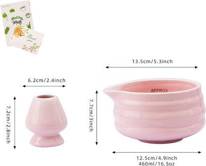 2pcs Matcha Bowl with Whisk Holder, Ceramic Pink Matcha Bowl with Spout, 16.5OZ Porcelain Bowl with Measurement Marks, Tea Mixing Bowl with Whisk Stand, Gfit for mom/daughter/girls (pink)