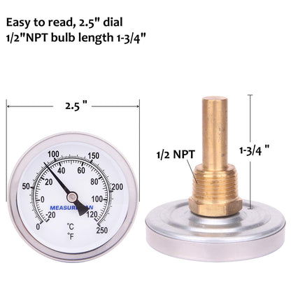 MEASUREMAN Hot Water Bi-Metal Thermometer, 2-1/2" Dial, 1-3/4" Lead-Free Brass Stem, Range 0-250 deg F/-20-120 deg C, 2% Accuracy, Adjustable, 1/2" NPT Back Mount（2 Pack