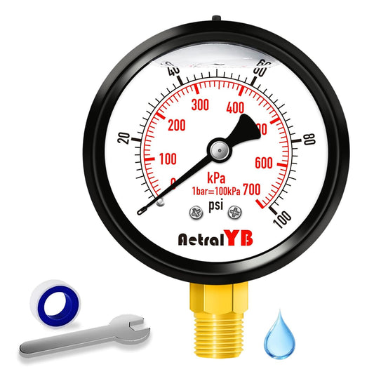 100 Psi Lead-Free 2.5 Inch Pressure Gauge Stainless Steel Case, Liquid Filled, 1.6% Accuracy,1/4" NPT Lower Mount, IP67 Waterproof for Portable Water,Pneumatic Air,RV Hose, Tank, Gas