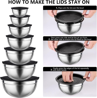 Mixing Bowls with Lids set - 25 PCS Stainless Steel Nesting Black Mixing Bowls Set for Baking, Mixing, Serving & Prepping, Size 5, 3.7, 2.8, 2.3, 1.7, 1.1, 0.7QT, 11 Cooking Utensils