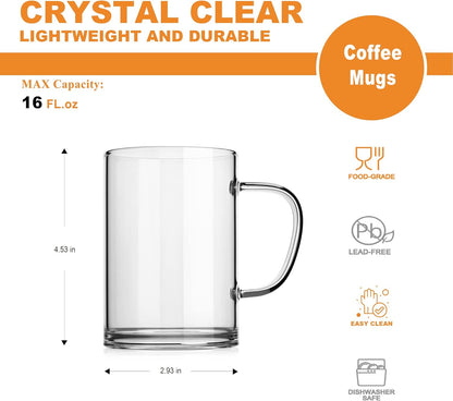 LUXU Glass Coffee Mugs 16 oz,Set of 4 Large Glass Coffee Cups Clear Tea Cups,Lead-Free Glasses Cups for Water,Latte,Milk-Flat Bottomed Design
