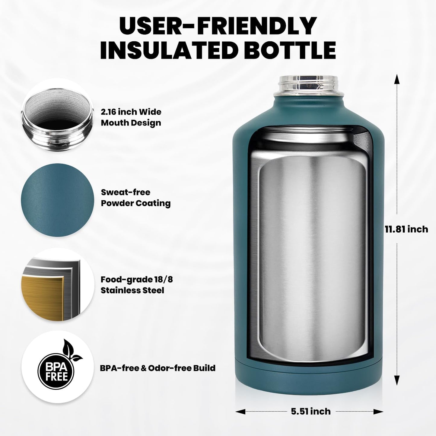 One Gallon Water Bottle Insulated, Triple Walled Vacuum Stainless Steel (Cold for 48 Hrs), Leak Proof & Non-BPA, Large Water Flask Jug with Paracord Handle & Straw Spout Lids