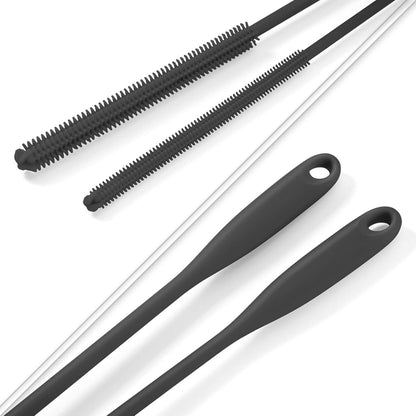 Silicone Straw Brush 4 Pack - (2 Small, 2 Wide) - 10 Inch Reusable Straw Cleaner, Pipe Cleaner, Glass and Detailing Tool (Charcoal)