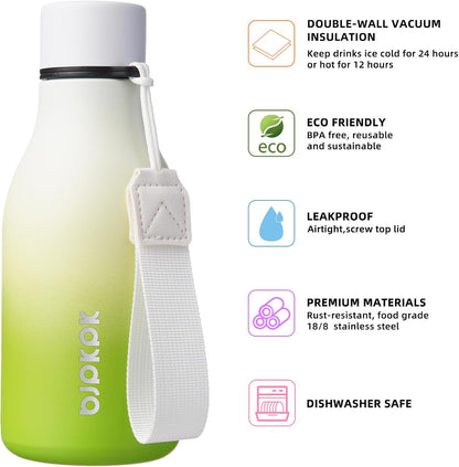 BJPKPK Insulated Water Bottles, 12oz Stainless Steel Metal Water Bottle with Strap, BPA Free Leak Proof Thermos, Mugs, Flasks, Reusable Water Bottle for Sports & Travel, Elegant Green
