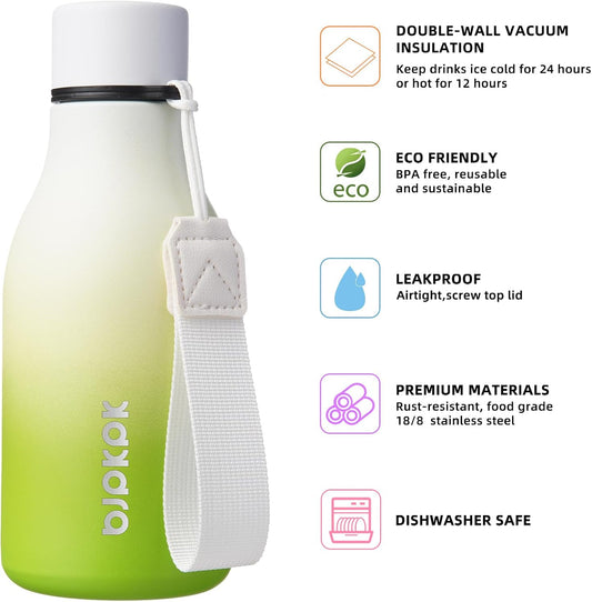 BJPKPK Insulated Water Bottles, 12oz Stainless Steel Metal Water Bottle with Strap, BPA Free Leak Proof Thermos, Mugs, Flasks, Reusable Water Bottle for Sports & Travel, Elegant Green