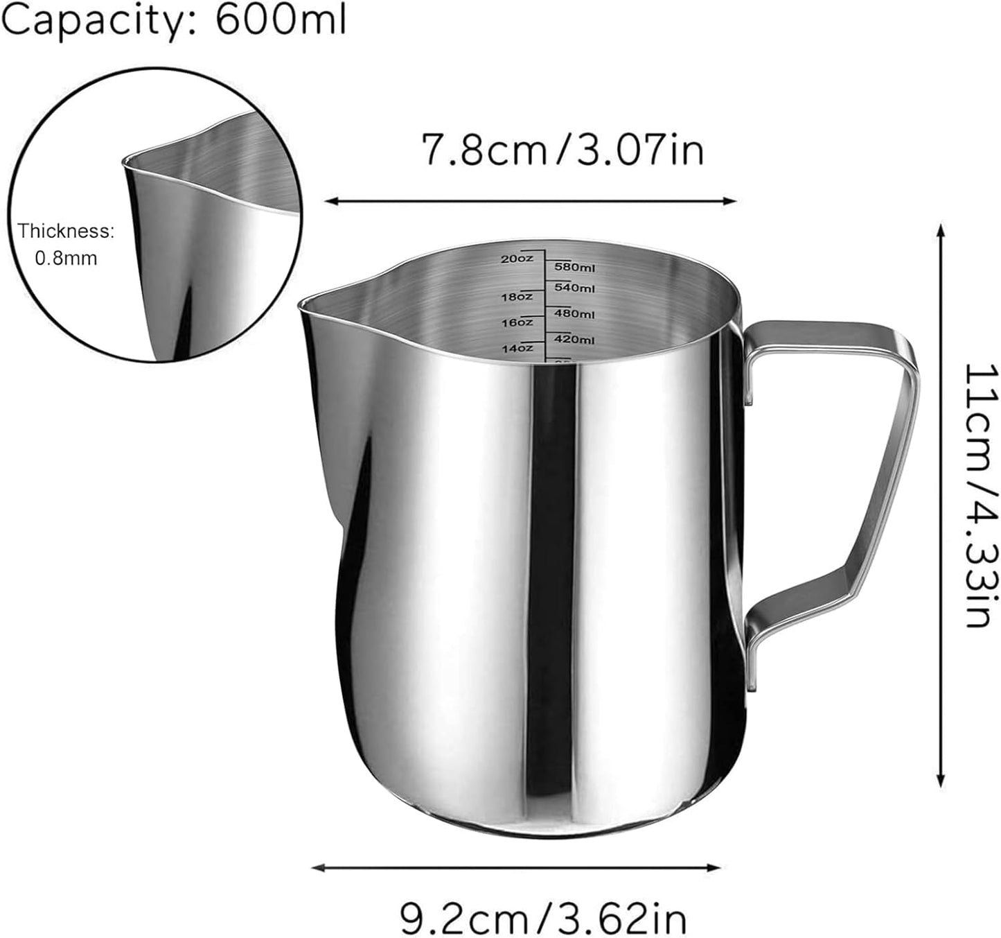 SIKEMAY Milk Frothing Pitcher Cup, 20oz/600ML Milk Frother Cup Stainless Steel Steaming Pitcher Milk Jug Coffee Latte Art Cappuccino Espresso Machine Accessories for Barista Steam Pitchers Tools