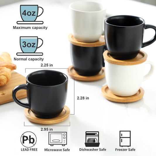 Hasense 4 OZ Espresso Cups and Saucers Set of 6, Demitasse Cups with Handle for Latte, Cappuccino, Cafe Mocha and Tea, Porcelain Coffee Cups for Coffee Bar and Party, Black