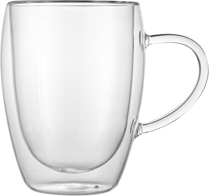 Restaurantware-Forma Professional 11.8 Ounce Glass Coffee Cups, 2 Insulated Coffee Cups With Handle - Dishwashable, Reusable, Clear Double Wall Beverage Tumblers, Freezable, For Hot Or Cold Beverages