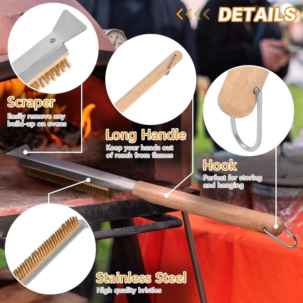 Pizza Oven Brush, 21" Brush and Stainless Steel Scraper for Pizza Stone, BBQ Grill Cleaning Brush Non Scratch Heat Proof Brass Bristles with Screwdriver, Outdoor Pizza Oven and Accessories