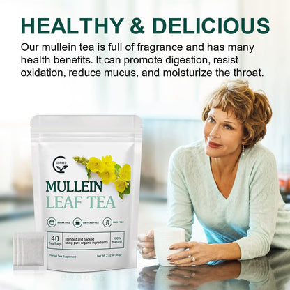 Mullein Leaf Tea Bags - Lungs Cleanse and Respiratory Support, Herbal Teas, Caffeine Free, 40 Tea Bags
