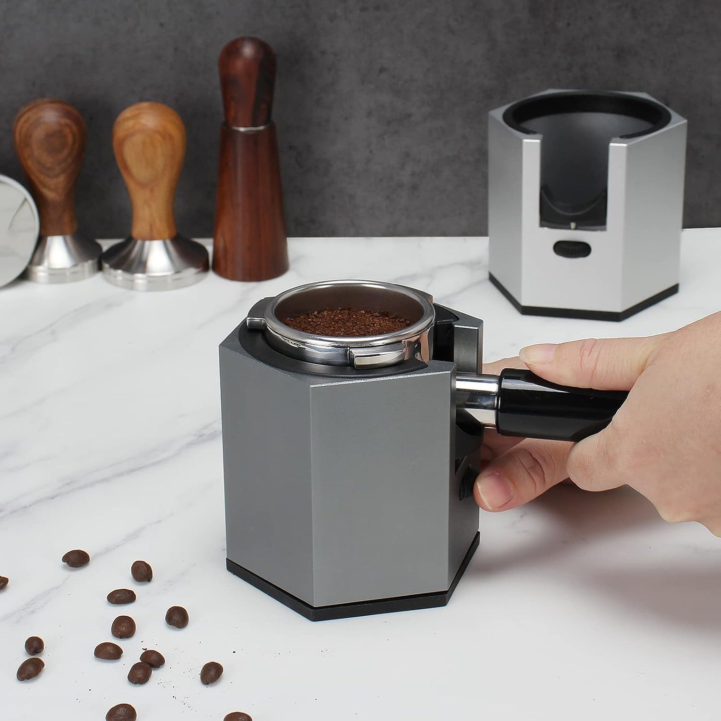 DIBTSA Coffee Portafilter Holder,Espresso Tamping Station Aluminum Alloy Espresso Portafilter Stand for Most 51mm, 53mm, 54mm, 58mm Coffee Portafilter (Hexagon,Grey)
