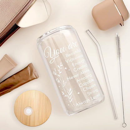 SANDJEST Inspiration Glass Can, Positive Motivational Cup with Lid & Straw, Iced Coffee Aesthetic Cups, Idea Gift for Christmas Birthday Mother Day, Gifts for Women, 16oz