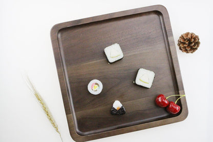 Rustic Walnut Wooden Tray Solid Wood Serving Tray Square Rectangle Platter Tea Tray Coffee Table Tray (Large Square with Grooves（11x11x1inch）)