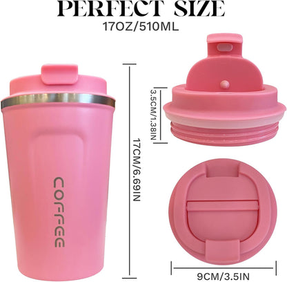 YINBAOGE Insulated Travel Coffee Mug Spill Proof Leak Proof Pobtable To Go Camping Stainless Steel Coffee Tumbler Reusable Coffee Cups with Lids Thermos for Hot and Cold Drink (2nd-Pink, 17 OZ)