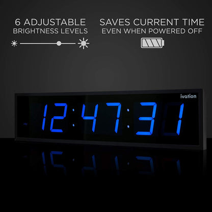 Ivation Oversized 36" Large Digital LED Clock | Big Digital Clock w/Multi-Function Display – Stopwatch, Timer, Alarms, Temp & Date | 6 Brightness Levels, Time Memory & Remote (Blue)