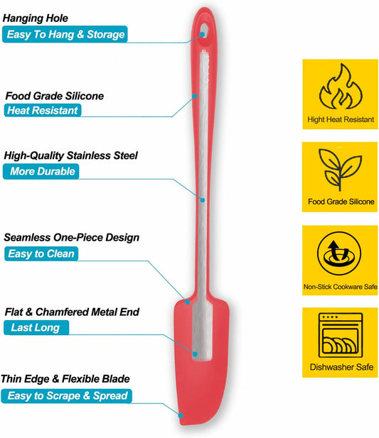 2-Pack Vovoly Silicone Jar Spatulas, Small Seamless Design Rubber Scraper with Stainless Steel Core, Heat Resistant and Non-Stick Mini Spatula for Jars and Blenders, BPA Free,11 IN, Red