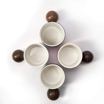 Ceramic Mini Espresso Cups Demitasse Cups with Round Wooden Handle Vertical Stripes Tea Cups (Black/White, 2pcs)
