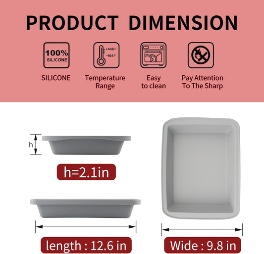 Sunsetbaby Silicone Baking Dish with Handles, Deep Rectangular Bakeware Cake Pan, Compatible with Fancy Panz, for Lasagna, Cake, Brownie or Family Dinner, 12.6 x 9.8 x 2.1 Inch (Grey)